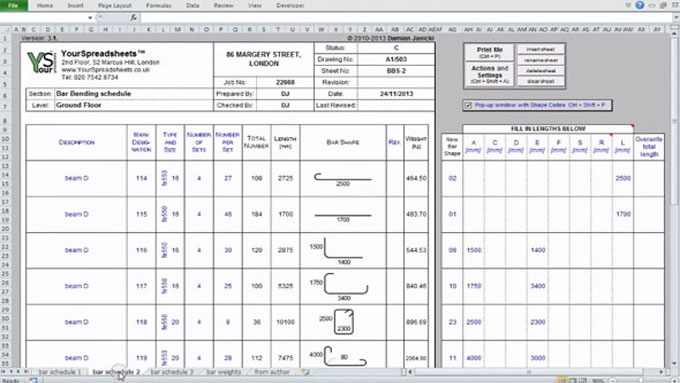 bar bending schedule program in microsoft excel