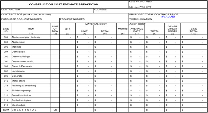 construction cost estimating sheets civil engineering sheet