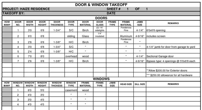 Download Door and Window Take-off Sheets