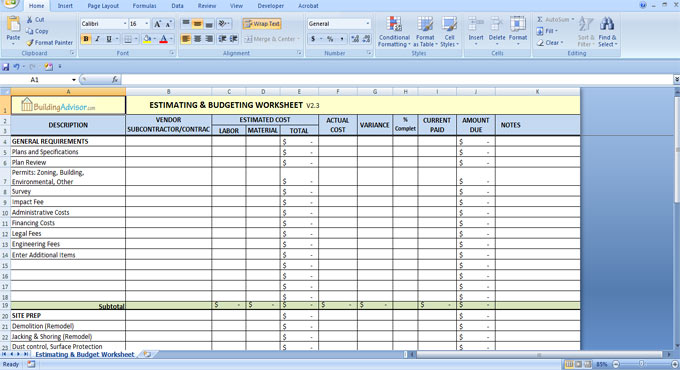 Download Estimating Sheet for Building Contractor