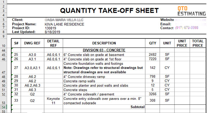 Material Takeoff Sheet Bill Of Material Construction Material Takeoff