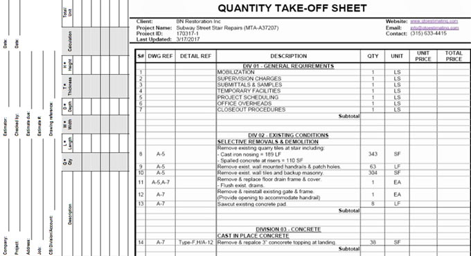 Construction Cost Estimating Sheets Civil Engineering Sheet