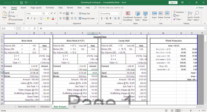 Download the excel sheet to make analysis of Rates of Building Construction